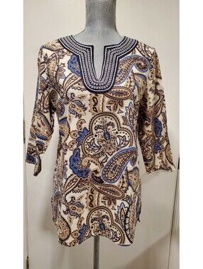 David Brooks Size L Large Paisley Linen Blend Tunic Top Blouse Brown